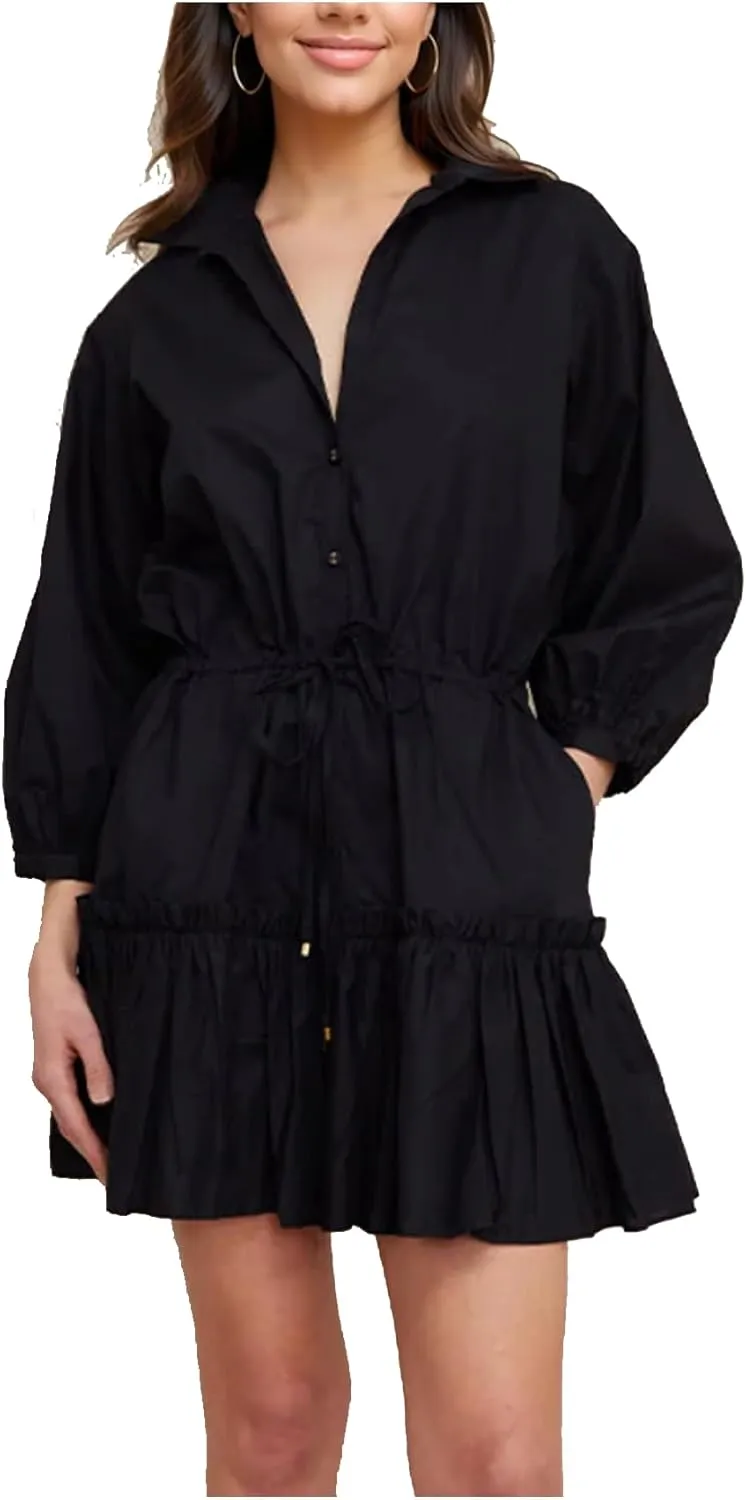 Women's Tunic Shirt Dress Long Puff Sleeve Drawstring Waist Mini Dresses Casual Ruffle A-Line Swing Babydoll Dress
