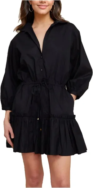 Women's Tunic Shirt Dress Long Puff Sleeve Drawstring Waist Mini Dresses Casual Ruffle A-Line Swing Babydoll Dress