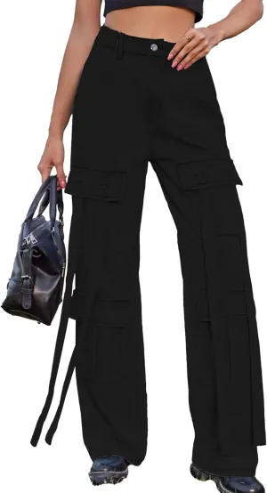 xxxiticat Women's Cargo Jean Pants Casual High Waist Long Ribbon Multi Pockets Wide Leg Baggy Denim Trousers with Pockets