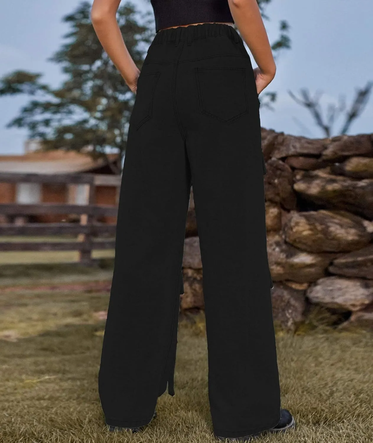xxxiticat Women's Cargo Jean Pants Casual High Waist Long Ribbon Multi Pockets Wide Leg Baggy Denim Trousers with Pockets