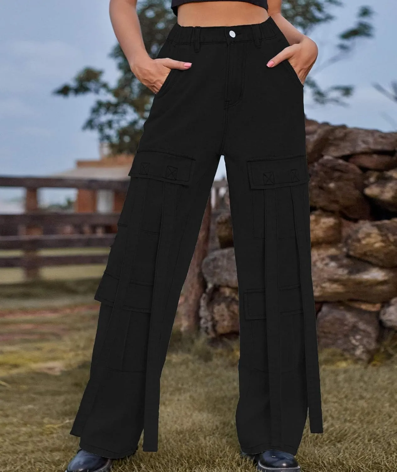 xxxiticat Women's Cargo Jean Pants Casual High Waist Long Ribbon Multi Pockets Wide Leg Baggy Denim Trousers with Pockets
