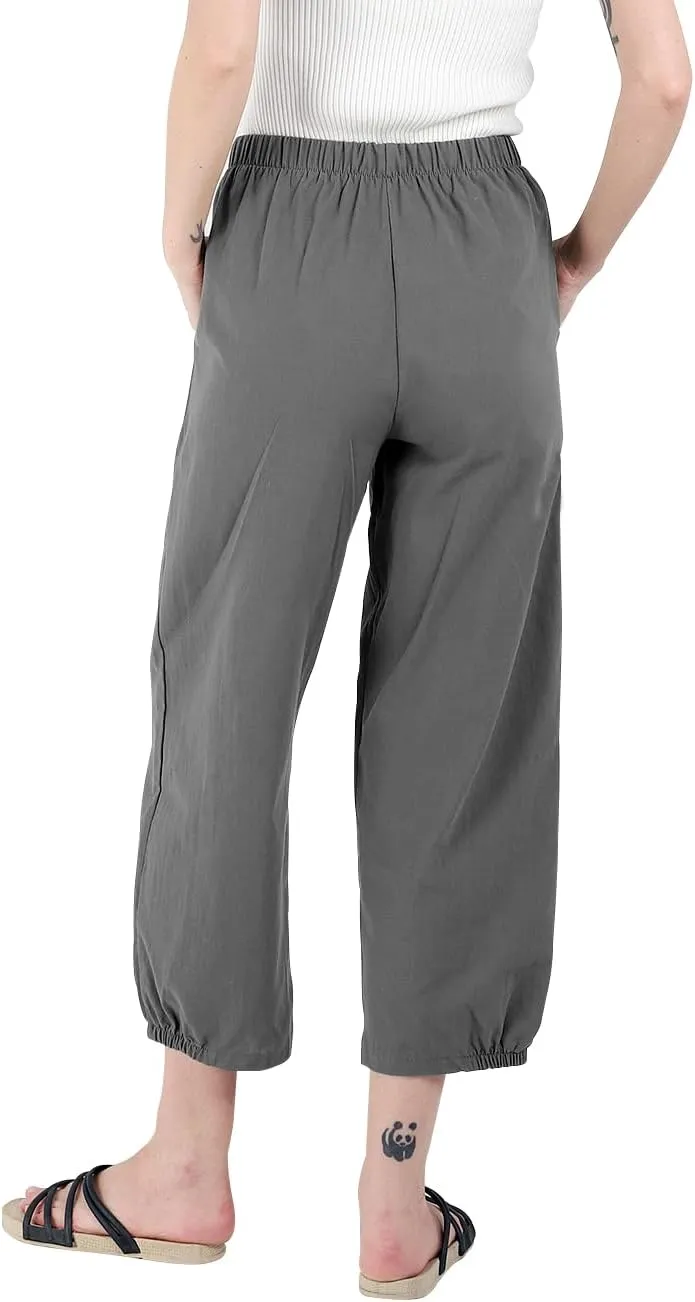 yoeasy Women's Linen Ankle Capris Trousers Loose Comfy Lounge Elastic Waist Pants with Pockets