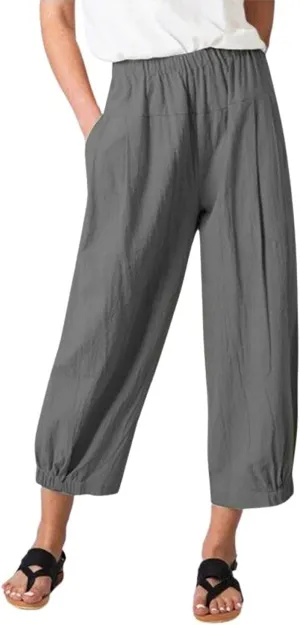 yoeasy Women's Linen Ankle Capris Trousers Loose Comfy Lounge Elastic Waist Pants with Pockets