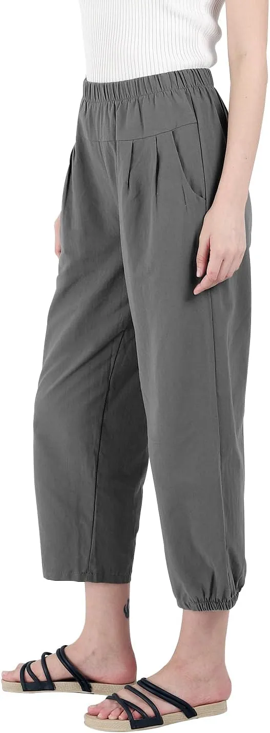 yoeasy Women's Linen Ankle Capris Trousers Loose Comfy Lounge Elastic Waist Pants with Pockets