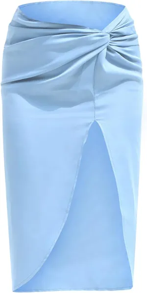 yoeasy Women's Pleated Asymmetrical Split Midi Satin Ruched Skirt High Waist Bodycon Midi Skirt