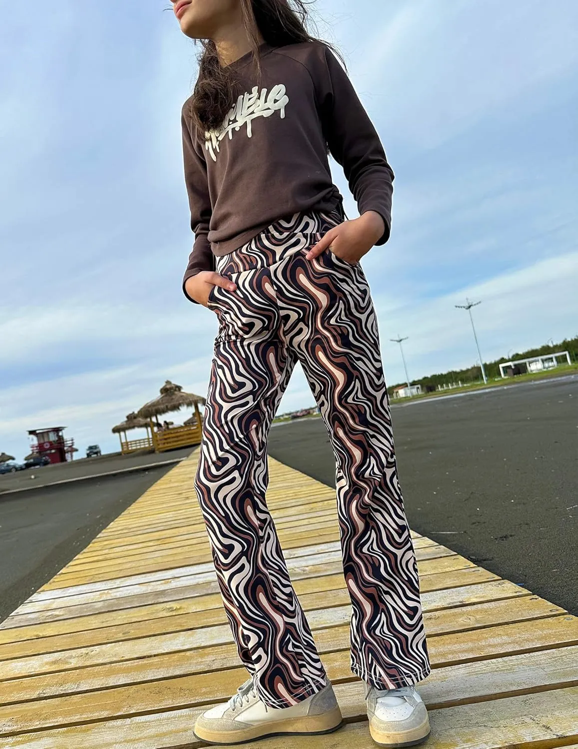 Zaclotre Girls Flare Leggings High Waisted V Crossover Casual Yoga Bell Bottoms with Pockets Pants for Kid