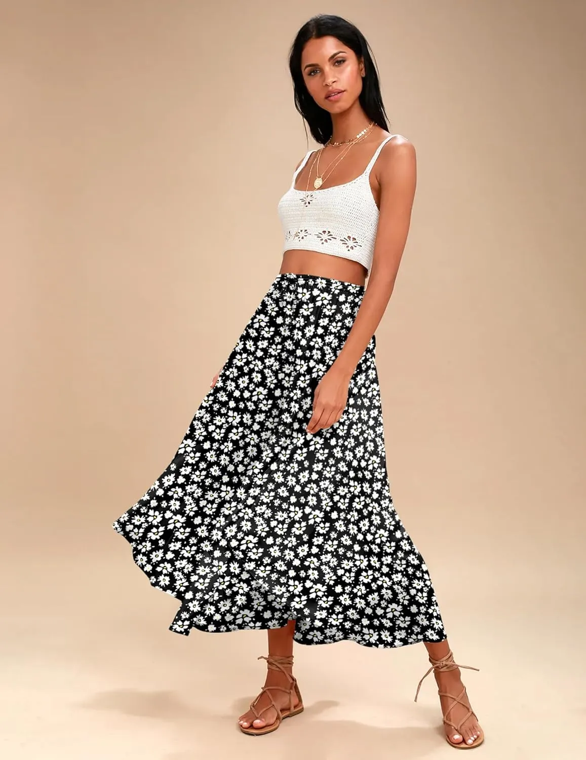 Zeagoo Womens Flowy Pleated Skirts A Line Elastic High Waisted Midi Skirt Boho Casual Long Skirts Brown Leaf Print XXL